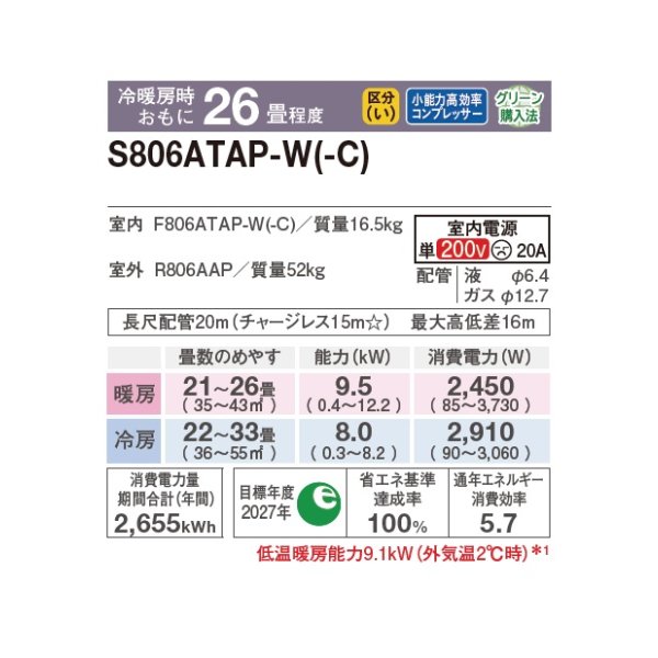 画像2: ダイキン S806ATAP-C エアコン 26畳 ルームエアコン AXシリーズ 単相200V 20A 26畳程度 ベージュ (S805ATAP-C 後継品) ♪ (2)