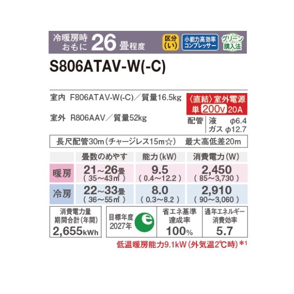 画像2: ダイキン S806ATAV-W エアコン 26畳 ルームエアコン AXシリーズ 室外電源タイプ 単相200V 20A 26畳程度 ホワイト (S805ATAV-W 後継品) ♪ (2)