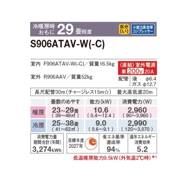 画像2: ダイキン S906ATAV-W エアコン 29畳 ルームエアコン AXシリーズ 室外電源タイプ 単相200V 20A 29畳程度 ホワイト (S905ATAV-W 後継品) ♪ (2)