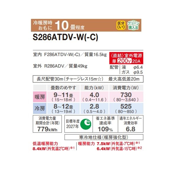画像2: ダイキン S286ATDV-W エアコン 10畳 ルームエアコン DXシリーズ スゴ暖 室外電源タイプ 単相200V 20A 10畳程度 ホワイト (S285ATDV-W 後継品) ♪ (2)