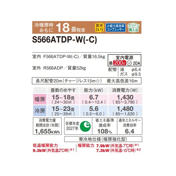 画像2: ダイキン S566ATDP-W エアコン 18畳 ルームエアコン DXシリーズ スゴ暖 単相200V 20A 18畳程度 ホワイト (S565ATDP-W 後継品) ♪ (2)