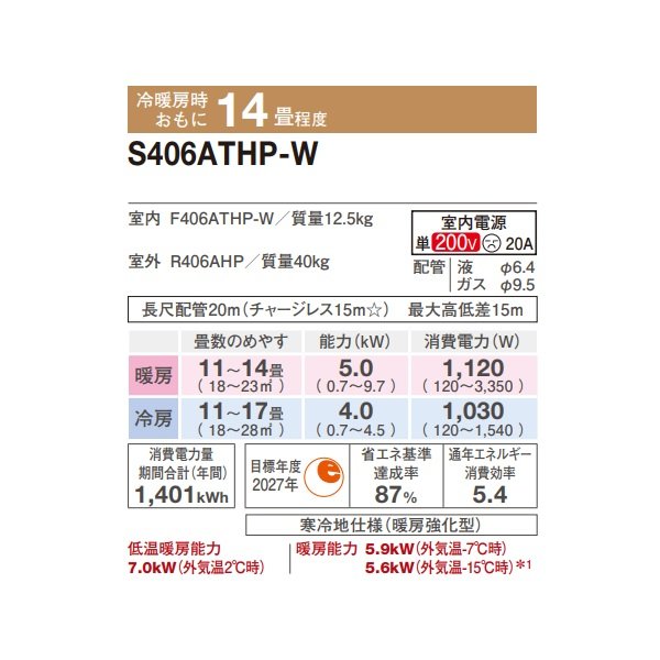 画像2: ダイキン S406ATHP-W エアコン 14畳 ルームエアコン HXシリーズ スゴ暖 単相200V 20A 14畳程度 ホワイト (S405ATHP-W 後継品) ♪ (2)