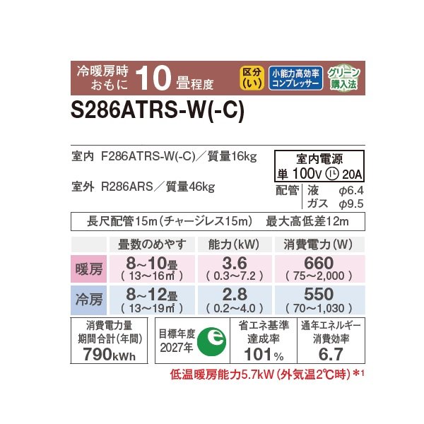 画像2: 『在庫あり』 ダイキン S286ATRS-W エアコン 10畳 ルームエアコン RXシリーズ うるるとさらら 単相100V 20A 10畳程度 ホワイト (S285ATRS-W 後継品) ☆■ ♭ (2)