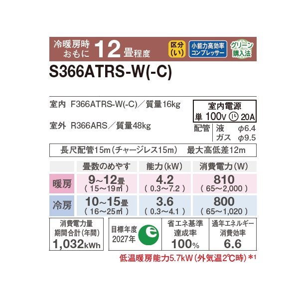 画像2: 『在庫あり』 ダイキン S366ATRS-W エアコン 12畳 ルームエアコン RXシリーズ うるるとさらら 単相100V 20A 12畳程度 ホワイト (S365ATRS-W 後継品) ☆■ ♭ (2)