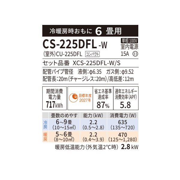 画像2: 『在庫あり』 パナソニック CS-225DFL-W エアコン 6畳 ルームエアコン Fシリーズ 単相100V 6畳程度 クリスタルホワイト (CS-224DFL-Wの後継品) ☆2 ♭ (2)