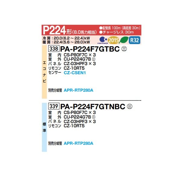 画像2: パナソニック 『PA-P224F7GTBC＋分岐管』 業務用エアコン 天井ビルトインカセット形 XEPHY Premium エコナビ 同時トリプル P224形 8.0馬力 三相200V ♪ (2)
