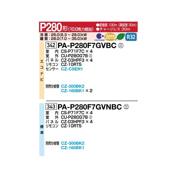 画像2: パナソニック 『PA-P280F7GVNBC＋分岐管』 業務用エアコン 天井ビルトインカセット形 XEPHY Premium 標準 同時ダブルツイン P280形 10.0馬力 三相200V ♪ (2)