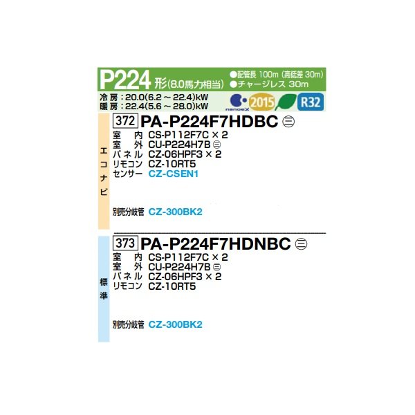 画像2: パナソニック 『PA-P224F7HDNBC＋分岐管』 業務用エアコン 天井ビルトインカセット形 XEPHY Eco 標準 同時ツイン P224形 8.0馬力 三相200V ♪ (2)