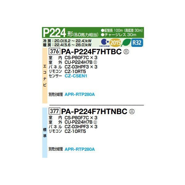 画像2: パナソニック 『PA-P224F7HTNBC＋分岐管』 業務用エアコン 天井ビルトインカセット形 XEPHY Eco 標準 同時トリプル P224形 8.0馬力 三相200V ♪ (2)