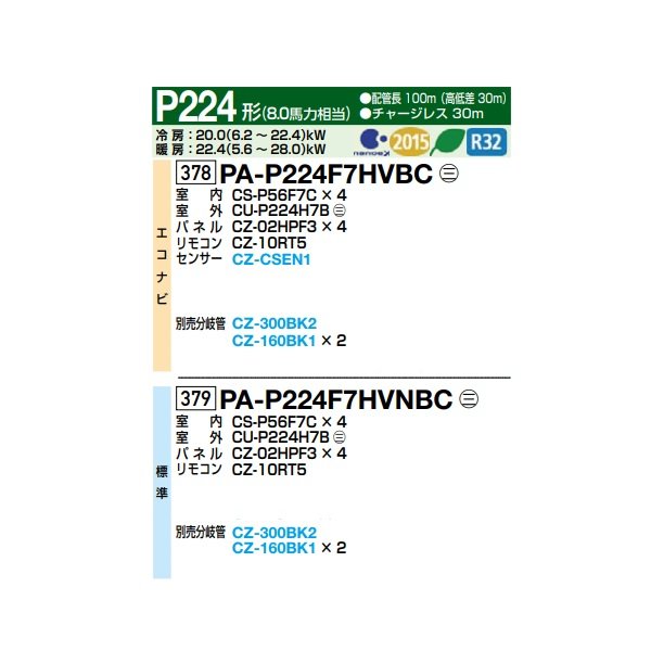 画像2: パナソニック 『PA-P224F7HVNBC＋分岐管』 業務用エアコン 天井ビルトインカセット形 XEPHY Eco 標準 同時ダブルツイン P224形 8.0馬力 三相200V ♪ (2)