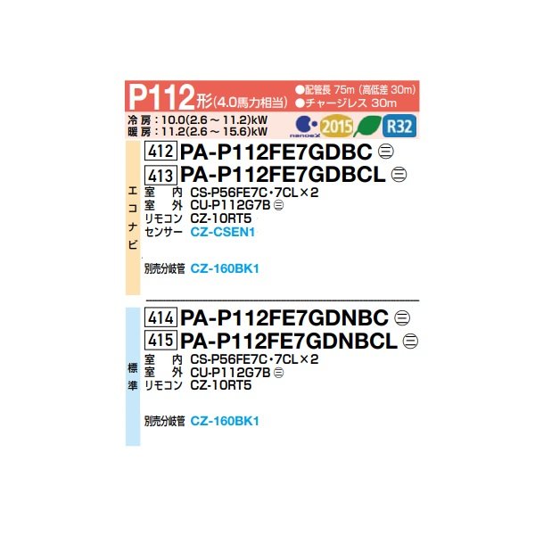 画像2: パナソニック 『PA-P112FE7GDBCL＋分岐管』 業務用エアコン ビルトインオールダクト形 XEPHY Premium エコナビ 同時ツイン P112形 4.0馬力 三相200V ♪ (2)
