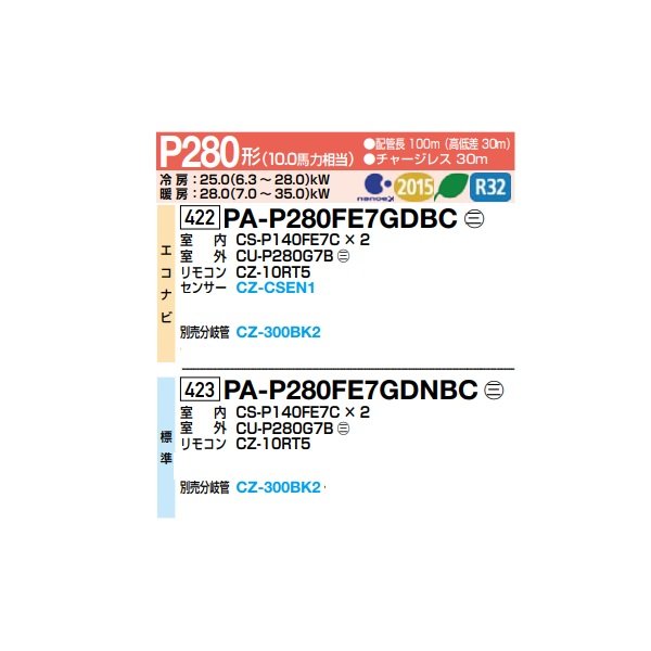 画像2: パナソニック 『PA-P280FE7GDBC＋分岐管』 業務用エアコン ビルトインオールダクト形 XEPHY Premium エコナビ 同時ツイン P280形 10.0馬力 三相200V ♪ (2)