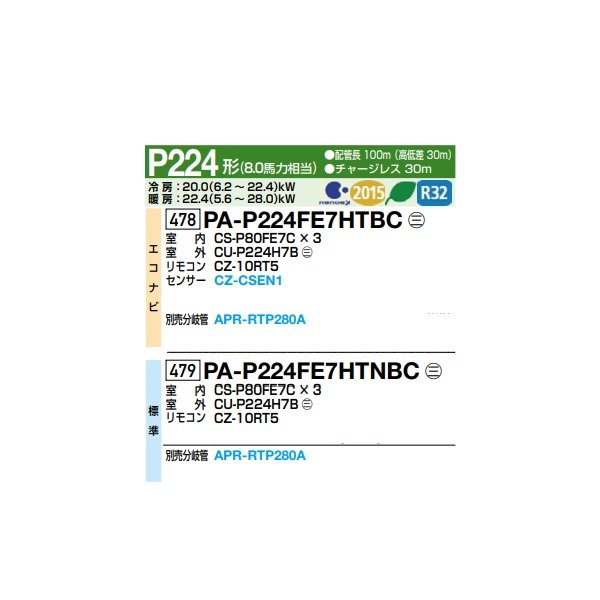 画像2: パナソニック 『PA-P224FE7HTBC＋分岐管』 業務用エアコン ビルトインオールダクト形 XEPHY Eco エコナビ 同時トリプル P224形 8.0馬力 三相200V ♪ (2)