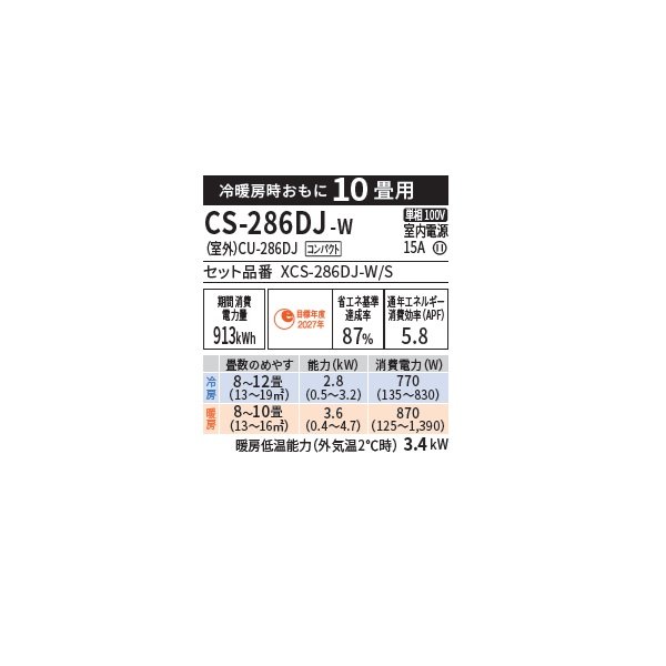 画像2: パナソニック CS-286DJ-W エアコン 10畳 ルームエアコン Jシリーズ エオリア ナノイーX 単相100V 10畳程度 クリスタルホワイト (CS-285DJ-Wの後継品) (2)