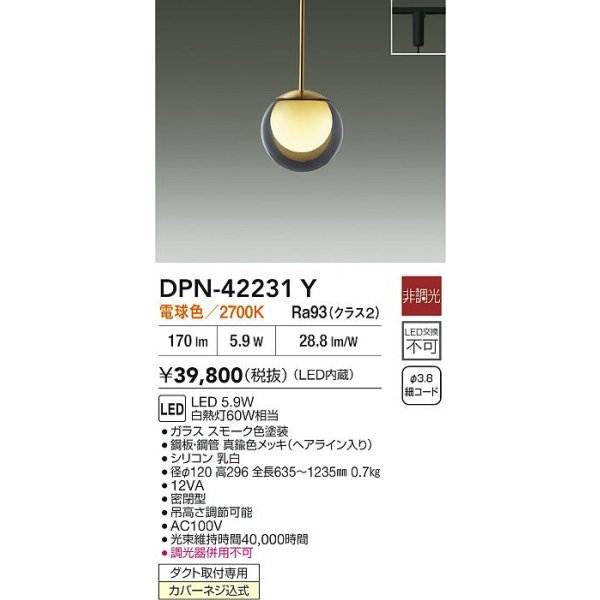 画像2: 大光電機(DAIKO) DPN-42231Y ペンダント 非調光 電球色 LED内蔵 プラグタイプ スモーク (2)