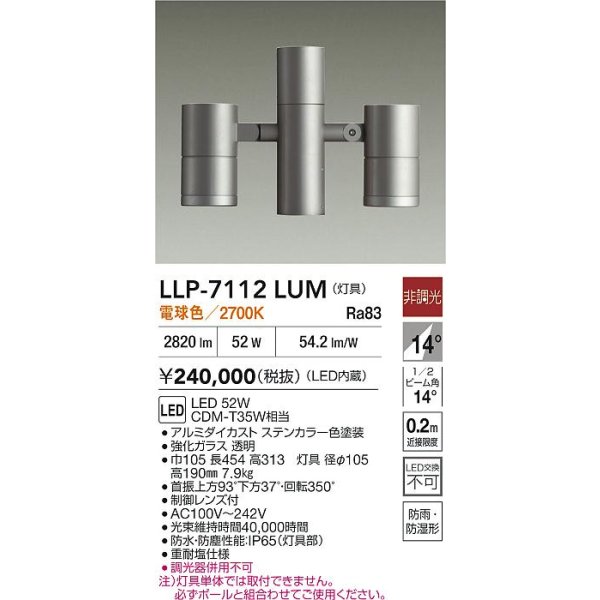 画像2: 大光電機(DAIKO) LLP-7112LUM アウトドアライト ポールスポットライト 非調光 電球色 灯具本体 2灯用 LED内蔵 ポール別売 防雨・防湿型 ステンカラー (2)