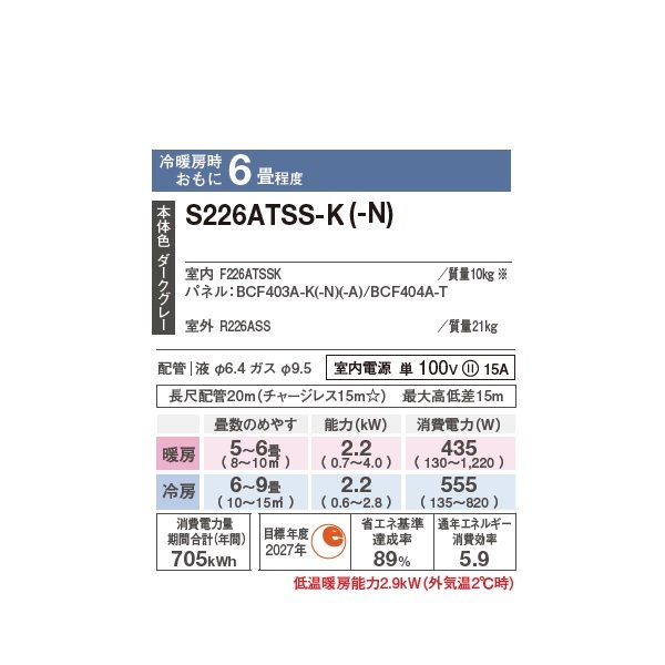 画像2: ダイキン S226ATSS-N エアコン 6畳 ルームエアコン SXシリーズ risora 単相100V 15A 6畳程度 ツイルゴールド (S223ATSS-N 後継品) ♪ (2)