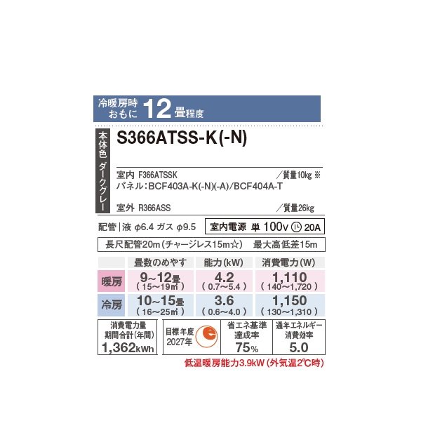 画像2: ダイキン S366ATSS-N エアコン 12畳 ルームエアコン SXシリーズ risora 単相100V 20A 12畳程度 ツイルゴールド (S363ATSS-N 後継品) ♪ (2)