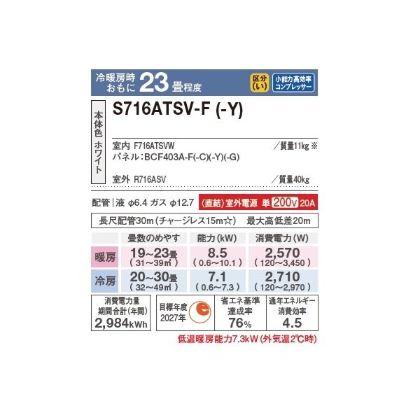 画像2: ダイキン S716ATSV-Y エアコン 23畳 ルームエアコン SXシリーズ risora 室外電源タイプ 単相200V 20A 23畳程度 ストーンベージュ (S713ATSV-Y 後継品) ♪ (2)
