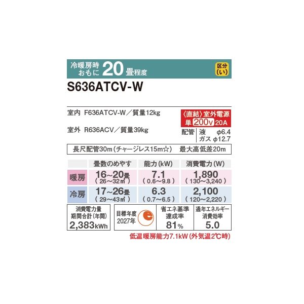 画像2: ダイキン S636ATCV-W エアコン 20畳 ルームエアコン CXシリーズ 室外電源タイプ 単相200V 20A 20畳程度 ホワイト (S635ATCV-W 後継品) ♪ (2)