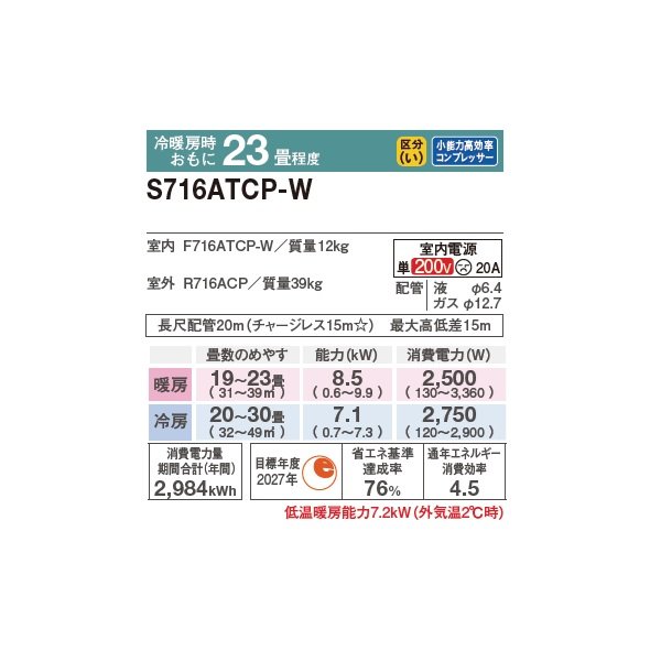画像2: ダイキン S716ATCP-W エアコン 23畳 ルームエアコン CXシリーズ 単相200V 20A 23畳程度 ホワイト (S715ATCP-W 後継品) ♪ (2)
