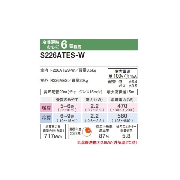 画像2: ダイキン S226ATES-W エアコン 6畳 ルームエアコン Eシリーズ 単相100V 15A 6畳程度 ホワイト (S225ATES-W 後継品) ♪ (2)