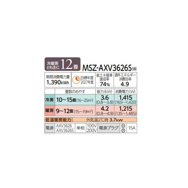 画像2: 三菱 MSZ-AXV3626S(W) エアコン 12畳 ルームエアコン AXVシリーズ 単相200V/15A 12畳程度 ピュアホワイト (MSZ-AXV3625S-Wの後継品) (2)