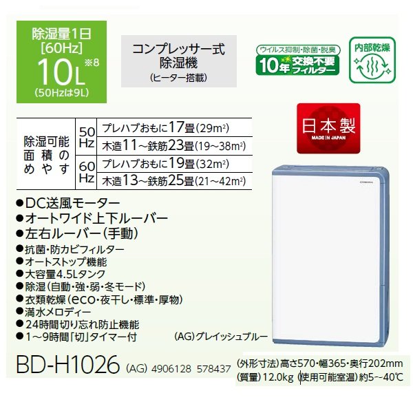 画像2: コロナ BD-H1026(AG) 衣料乾燥除湿機 10L Hシリーズ グレイッシュブルー (2)