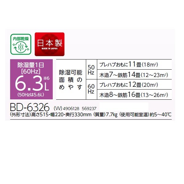 画像2: コロナ BD-6326(W) 衣料乾燥除湿機 6.3L コンパクトタイプ コンプレッサー式 ホワイト (2)