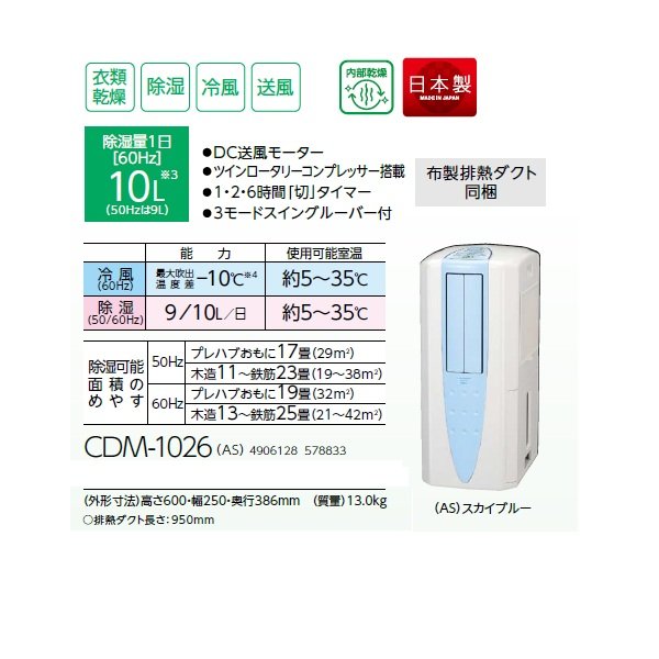 画像2: コロナ CDM-1026(AS) どこでもクーラー 冷風・衣料乾燥除湿機 10L 布製排熱ダクト同梱 スカイブルー (2)