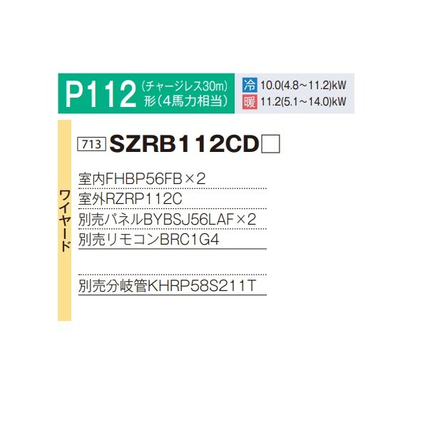 画像2: ダイキン 『SZRB112CD+分岐管』 業務用エアコン 天井埋込カセット形 ビルトインHi ツイン同時マルチ EcoZEAS P112形 4馬力 三相 ワイヤード ♪ (2)