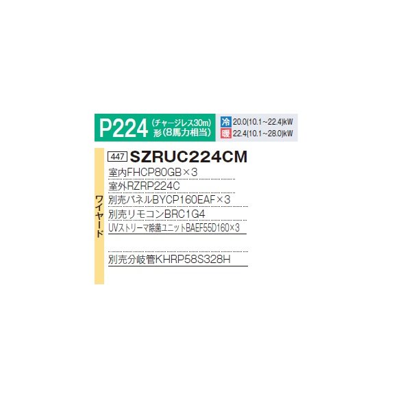 画像2: ダイキン 『SZRUC224CM+分岐管』 業務用エアコン 天井埋込 UVストリーマ除菌 S-ラウンドフロー 標準 ツイン EcoZEAS P224形 8馬力 三相 ワイヤード ♪ (2)