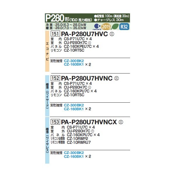 画像2: パナソニック 『PA-P280U7HVNC+分岐管』 業務用エアコン 4方向天井カセット形 XEPHY Eco 標準 同時ダブルツイン P280形 10馬力 三相200Ｖ ♪ (2)
