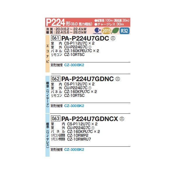 画像2: パナソニック 『PA-P224U7GDC+分岐管』 業務用エアコン 4方向天井カセット形 XEPHY Premium エコナビ 同時ツイン P224形 8馬力 三相200V ♪ (2)