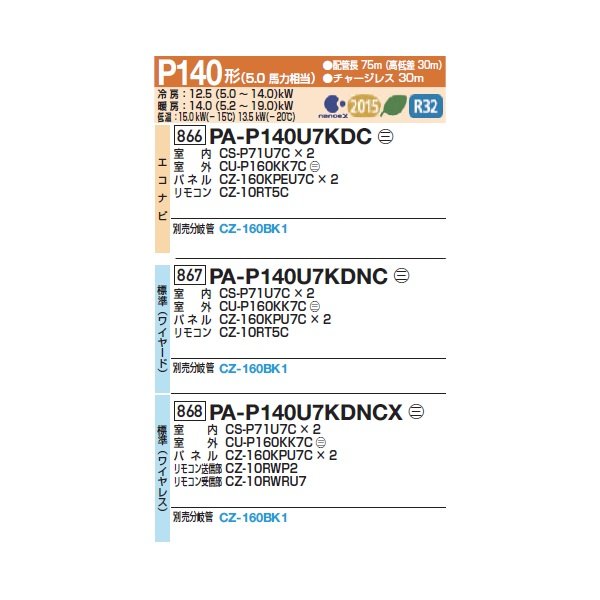 画像2: パナソニック 『PA-P140U7KDNC+分岐管』 業務用エアコン 4方向天井カセット形 フル暖 XEPHY 寒冷地向け 標準 同時ツイン P140形 5馬力 三相200Ｖ ♪ (2)