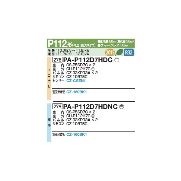 画像2: パナソニック 『PA-P112D7HDNC+分岐管』 業務用エアコン 高天井用1方向カセット形 XEPHY Eco 標準 同時ツイン P112形 4馬力 三相200Ｖ ♪ (2)