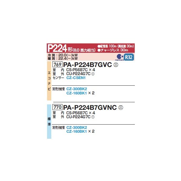 画像2: パナソニック 『PA-P224B7GVNC+分岐管』 業務用エアコン 床置形(スリム形) XEPHY Premium 標準 同時ダブルツイン P224形 8馬力 三相200V ♪ (2)