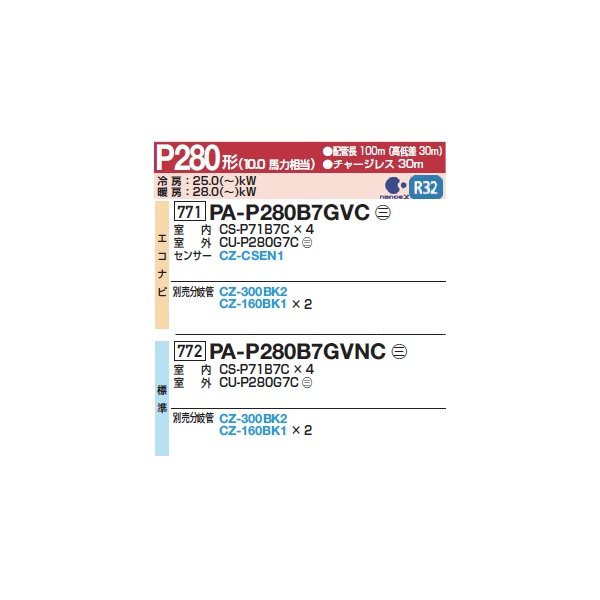 画像2: パナソニック 『PA-P280B7GVNC+分岐管』 業務用エアコン 床置形(スリム形) XEPHY Premium 標準 同時ダブルツイン P280形 10馬力 三相200V ♪ (2)