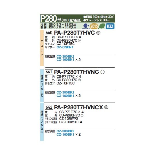 画像2: パナソニック 『PA-P280T7HVNCX+分岐管』 業務用エアコン 天井吊形 標準(ワイヤレス) 同時ダブルツイン P280 形10.0馬力 三相200V ♪ (2)