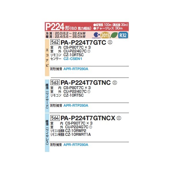 画像2: パナソニック 『PA-P224T7GTNC+分岐管』 業務用エアコン 天井吊形 XEPHY Premium 標準 同時トリプル P224形 8馬力 三相200V ♪ (2)
