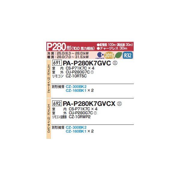 画像2: パナソニック 『PA-P280K7GVCX+分岐管』 業務用エアコン 壁掛形 エコナビ(ワイヤレス) 同時ダブルツイン P280 形10.0馬力 三相200V ♪ (2)
