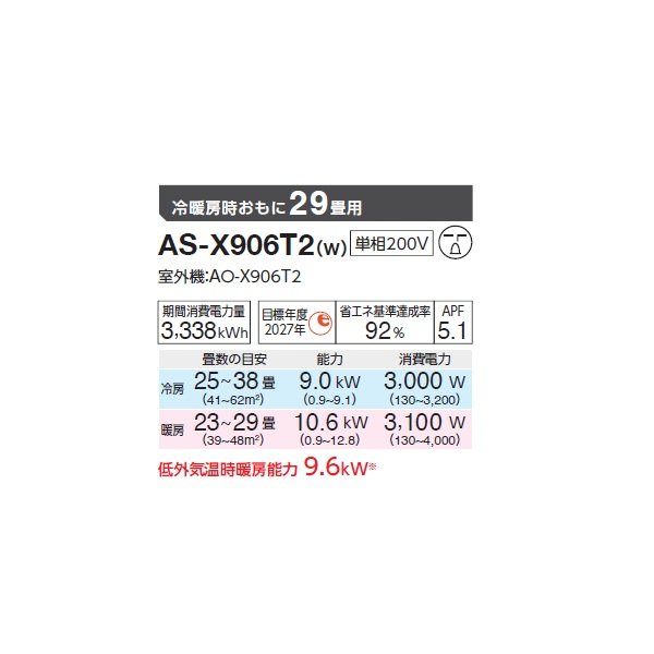 画像2: ゼネラル AS-X906T2 エアコン 29畳 ルームエアコン Xシリーズ ノクリア 単相200V 29畳程度 (AS-X905S2 の後継品) (2)