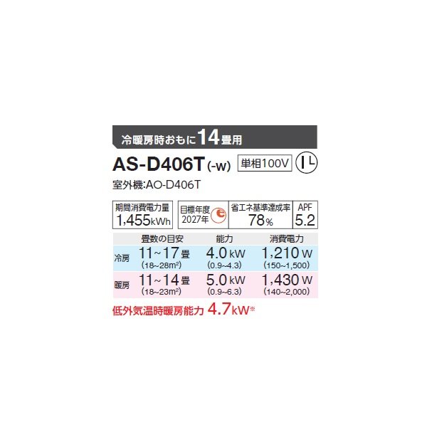 画像2: ゼネラル AS-D406T エアコン 14畳 ルームエアコン Dシリーズ ノクリア 単相100V 14畳程度 (AS-D405S の後継品) (2)