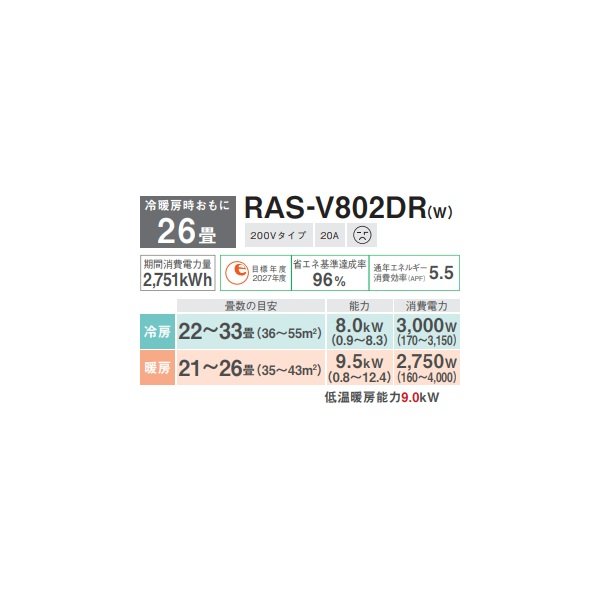 画像2: 日本キヤリア/旧東芝 RAS-V802DR(W) エアコン 26畳用 ルームエアコン V-DRシリーズ 大清快 単相200V 26畳程度 ホワイト (RAS-U802DR-Wの後継品) ♪ (2)