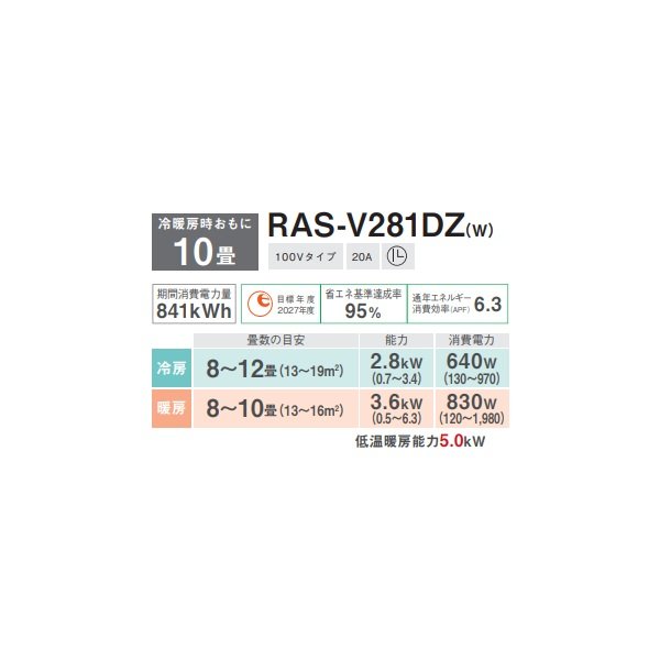 画像2: 日本キヤリア/旧東芝 RAS-V281DZ(W) エアコン 10畳用 ルームエアコン V-DZシリーズ 大清快 単相100V 10畳程度 ホワイト (RAS-U281DZ-Wの後継品) (2)