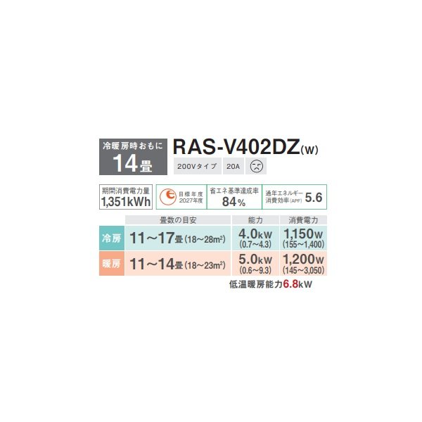 画像2: 日本キヤリア/旧東芝 RAS-V402DZ(W) エアコン 14畳用 ルームエアコン V-DZシリーズ 大清快 単相200V 14畳程度 ホワイト (RAS-U402DZ-Wの後継品) (2)