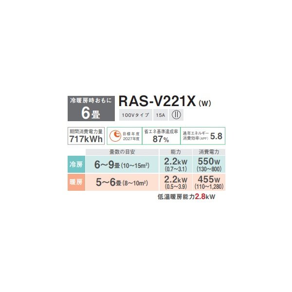 画像2: 日本キヤリア/旧東芝 RAS-V221X(W) エアコン 6畳用 ルームエアコン V-Xシリーズ 大清快 単相100V 6畳程度 ホワイト (RAS-U221X-Wの後継品) (2)