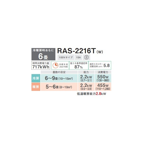 画像2: 日本キヤリア/旧東芝 RAS-2216T(W) エアコン 6畳用 ルームエアコン Tシリーズ 単相100V 6畳程度 ホワイト (RAS-2215T-Wの後継品) (2)
