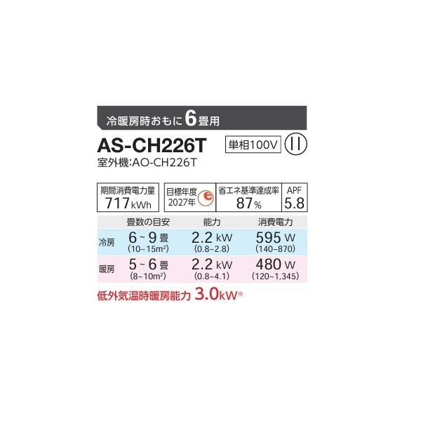 画像2: ゼネラル AS-CH226T エアコン 6畳 ルームエアコン CHシリーズ ノクリア 単相100V 6畳程度 (AS-CH225S の後継品) ♪ (2)