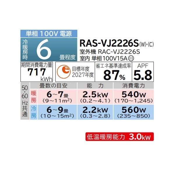画像2: 日立 RAS-VJ2226S(W) エアコン 6畳 ルームエアコン VJシリーズ 白くまくん 単相100V 6畳程度 スターホワイト (RAS-VJ2225S-Wの後継品) ♪ (2)